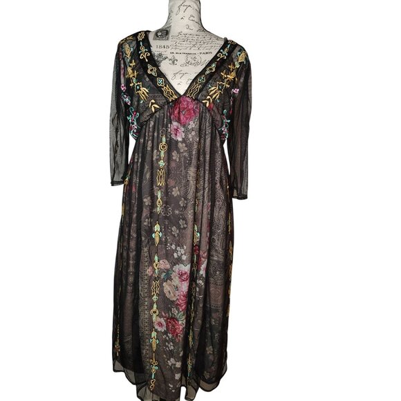 Wayward Fancies Medium Black Dress Flower Embroidery Tulle Overlay Boho Festival - Picture 2 of 8